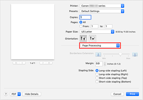 الشكل: معالجة الصفحة (Page Processing) في مربع الحوار طباعة (Print)